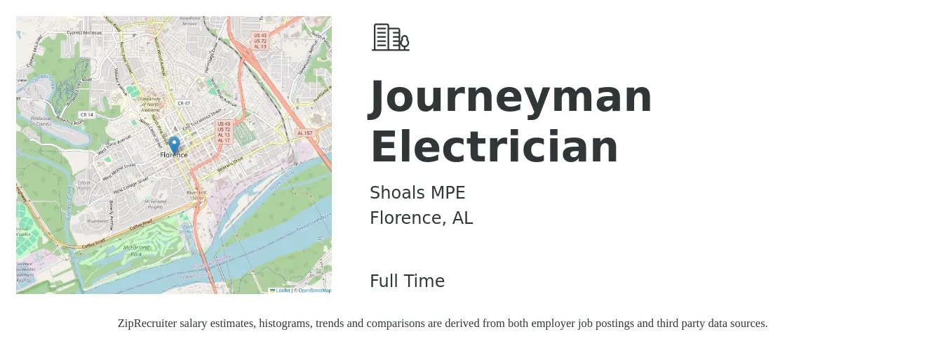 Shoals MPE job posting for a Journeyman Electrician in Florence, AL with a salary of $25 to $34 Hourly with a map of Florence location.