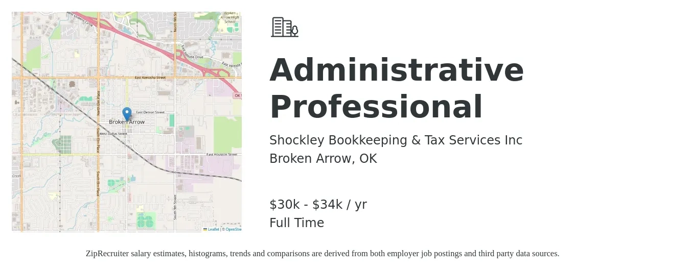 Shockley Bookkeeping & Tax Services Inc job posting for a Administrative Professional in Broken Arrow, OK with a salary of $30,000 to $34,000 Yearly with a map of Broken Arrow location.