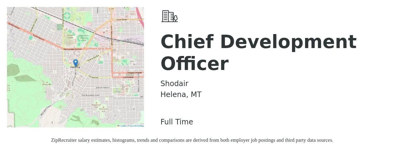Shodair job posting for a Chief Development Officer in Helena, MT with a salary of $94,300 to $151,600 Yearly with a map of Helena location.