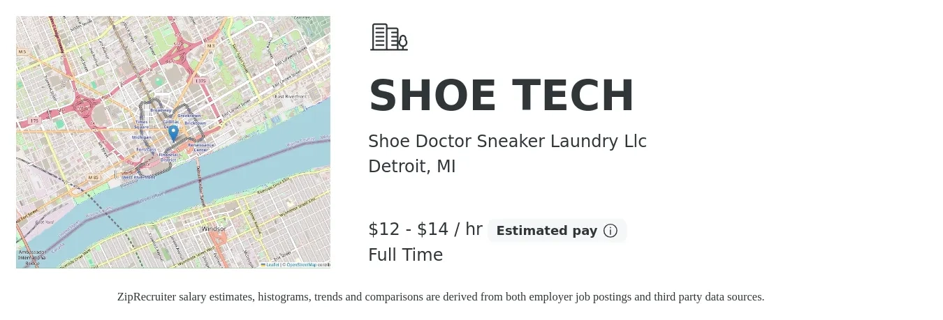 Shoe Doctor Sneaker Laundry Llc job posting for a SHOE TECH in Detroit, MI with a salary of $13 to $15 Hourly with a map of Detroit location.