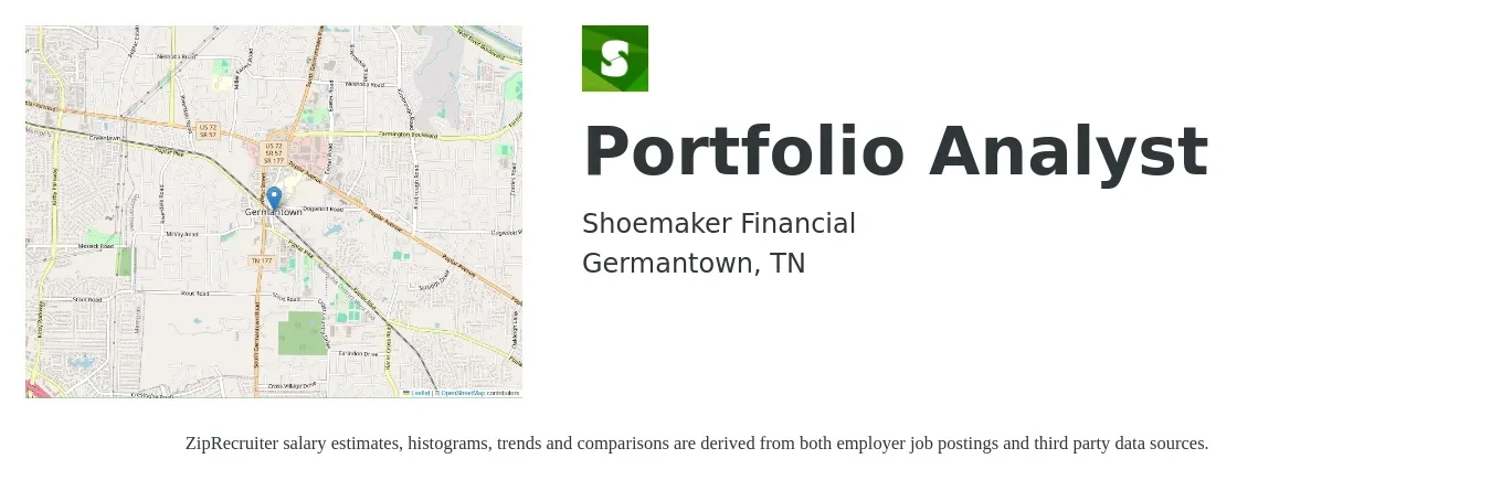 Shoemaker Financial job posting for a Portfolio Analyst in Germantown, TN with a salary of $80,000 to $100,000 Yearly and benefits including dental, life_insurance, medical, pto, retirement, and vision with a map of Germantown location.