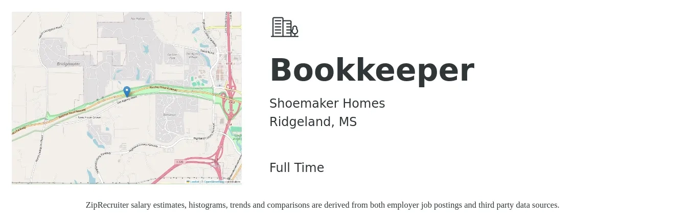 Shoemaker Homes job posting for a Bookkeeper in Ridgeland, MS with a salary of $18 to $24 Hourly with a map of Ridgeland location.