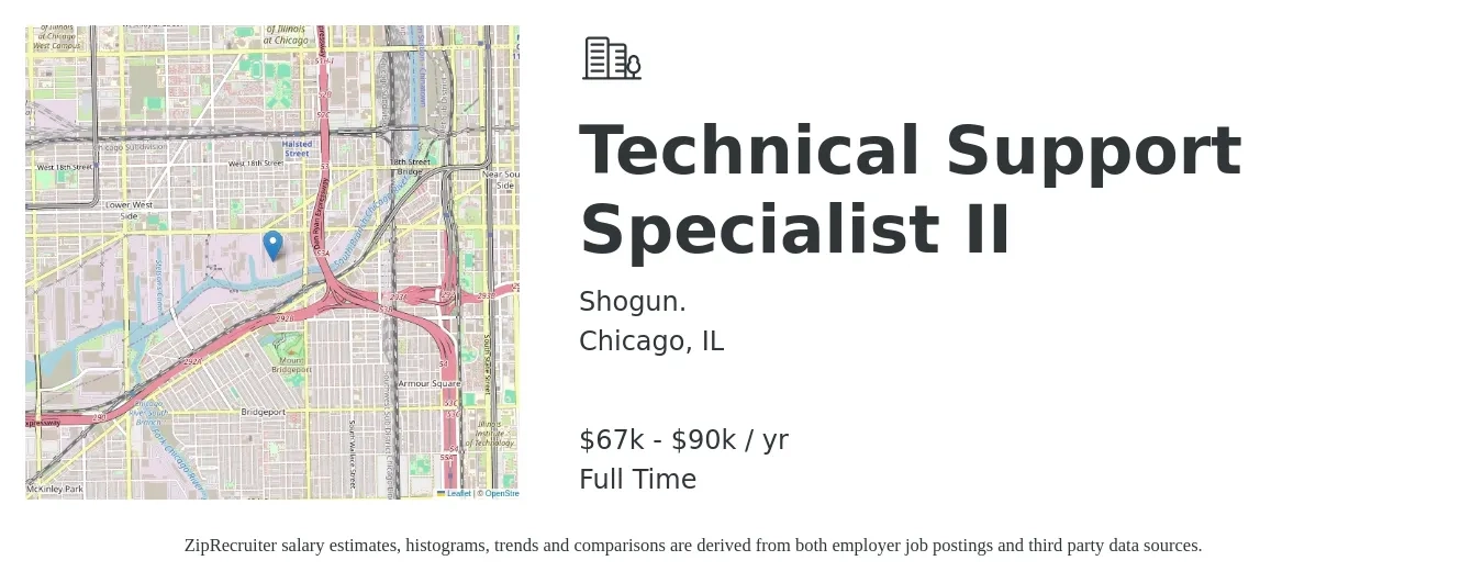 Shogun. job posting for a Technical Support Specialist II in Chicago, IL with a salary of $67,175 to $90,875 Yearly with a map of Chicago location.