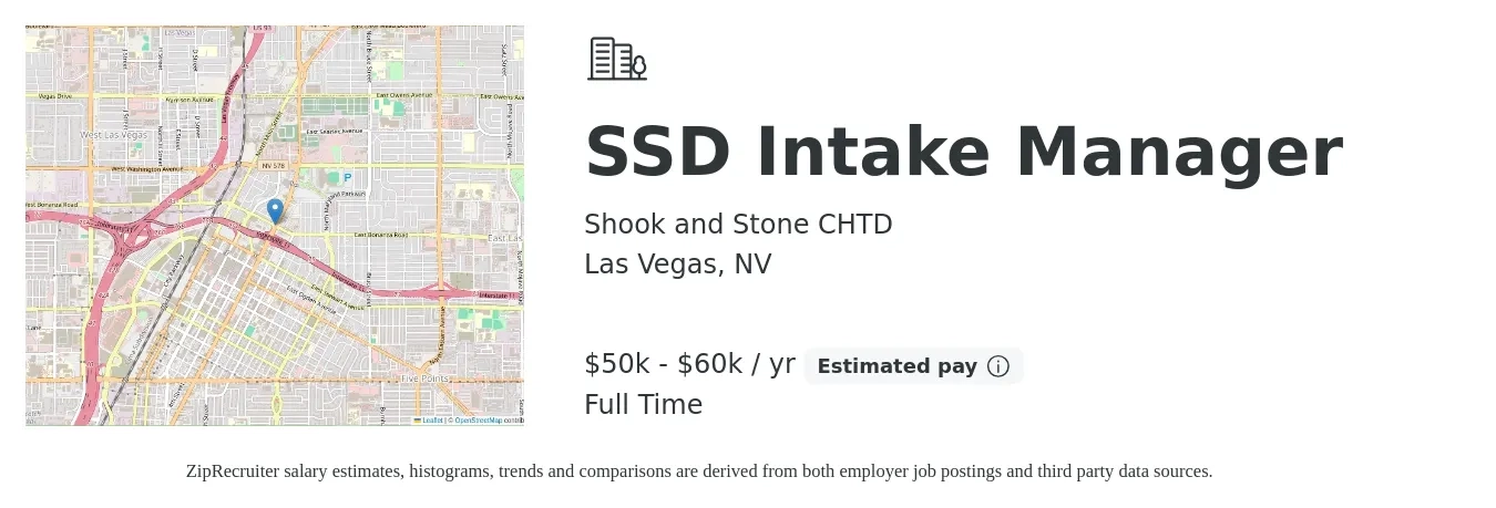 Shook and Stone CHTD job posting for a SSD Intake Manager in Las Vegas, NV with a salary of $50,000 to $60,000 Yearly with a map of Las Vegas location.