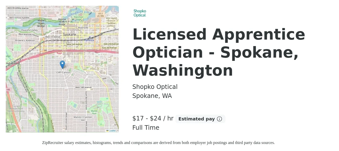 Shopko Optical job posting for a Licensed Apprentice Optician - Spokane, Washington in Spokane, WA with a salary of $18 to $25 Hourly with a map of Spokane location.
