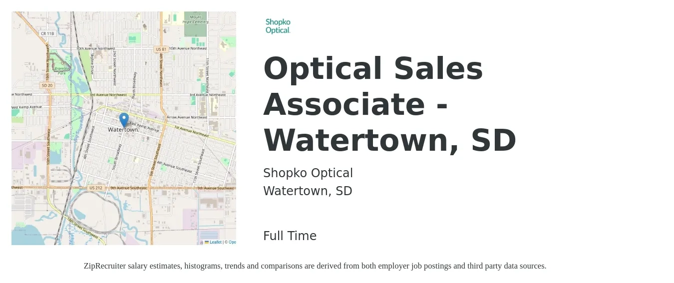 Shopko Optical job posting for a Optical Sales Associate - Watertown, SD in Watertown, SD with a salary of $15 to $19 Hourly with a map of Watertown location.