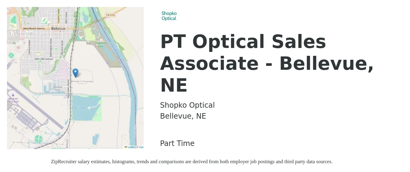 Shopko Optical job posting for a PT Optical Sales Associate - Bellevue, NE in Bellevue, NE with a salary of $15 to $19 Hourly with a map of Bellevue location.