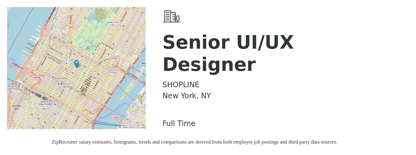 SHOPLINE job posting for a Senior UI/UX Designer in New York, NY with a salary of $117,100 to $168,500 Yearly with a map of New York location.