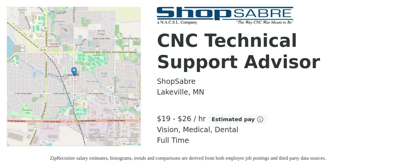ShopSabre job posting for a CNC Technical Support Advisor in Lakeville, MN with a salary of $20 to $28 Hourly and benefits including dental, medical, pto, retirement, and vision with a map of Lakeville location.