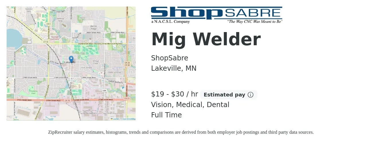 ShopSabre job posting for a Mig Welder in Lakeville, MN with a salary of $20 to $32 Hourly and benefits including retirement, vision, dental, medical, and pto with a map of Lakeville location.