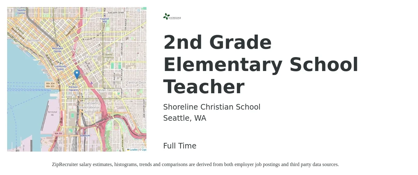 Shoreline Christian School job posting for a 2nd Grade Elementary School Teacher in Seattle, WA with a salary of $46,000 Yearly with a map of Seattle location.