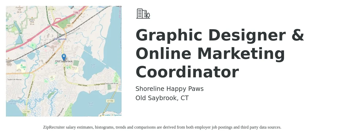 Shoreline Happy Paws job posting for a Graphic Designer & Online Marketing Coordinator in Old Saybrook, CT with a salary of $22 to $30 Hourly with a map of Old Saybrook location.