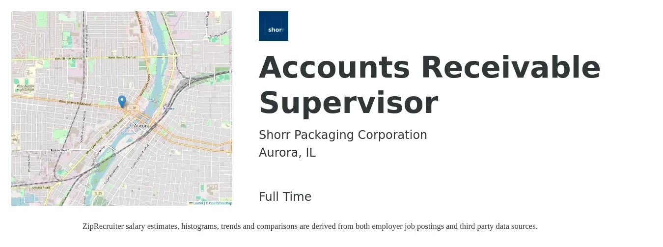 Shorr Packaging Corporation job posting for a Accounts Receivable Supervisor in Aurora, IL with a salary of $56,800 to $83,500 Yearly with a map of Aurora location.