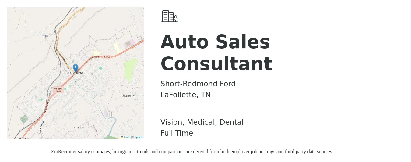 Short-Redmond Ford job posting for a Auto Sales Consultant in LaFollette, TN with a salary of $500 to $5,000 Weekly and benefits including vision, dental, medical, and pto with a map of LaFollette location.