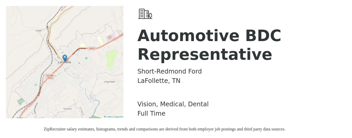 Short-Redmond Ford job posting for a Automotive BDC Representative in LaFollette, TN with a salary of $3,000 to $5,000 Monthly and benefits including pto, vision, dental, and medical with a map of LaFollette location.