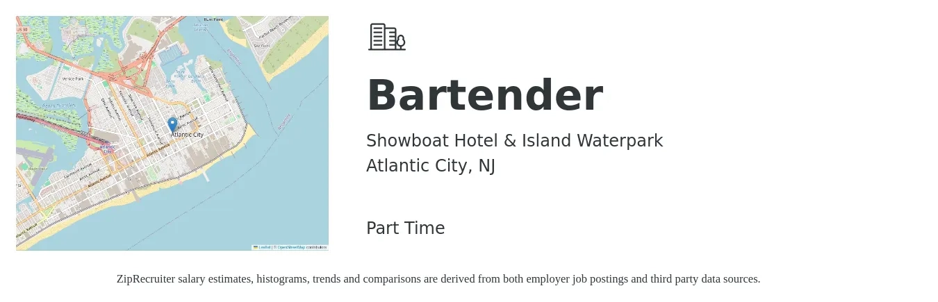 Showboat Hotel & Island Waterpark job posting for a Bartender in Atlantic City, NJ with a salary of $10 to $19 Hourly with a map of Atlantic City location.