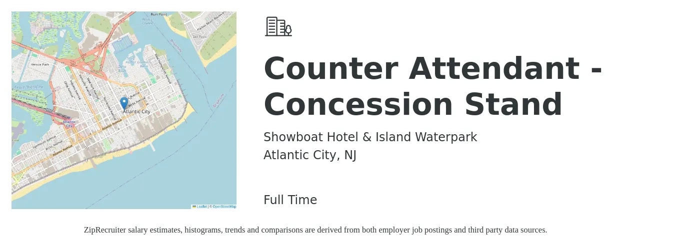 Showboat Hotel & Island Waterpark job posting for a Counter Attendant - Concession Stand in Atlantic City, NJ with a salary of $14 to $17 Hourly with a map of Atlantic City location.