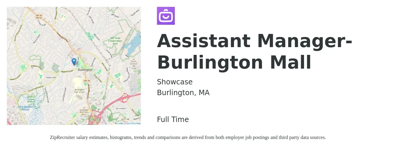 Showcase job posting for a Assistant Manager- Burlington Mall in Burlington, MA with a salary of $18 to $24 Hourly with a map of Burlington location.