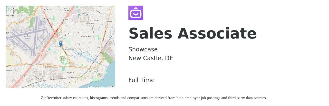 Showcase job posting for a Sales Associate in New Castle, DE with a salary of $14 to $18 Hourly with a map of New Castle location.