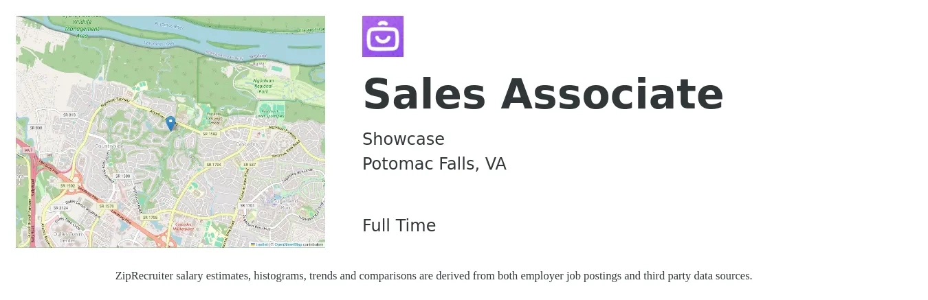 Showcase job posting for a Sales Associate in Potomac Falls, VA with a salary of $14 to $19 Hourly with a map of Potomac Falls location.
