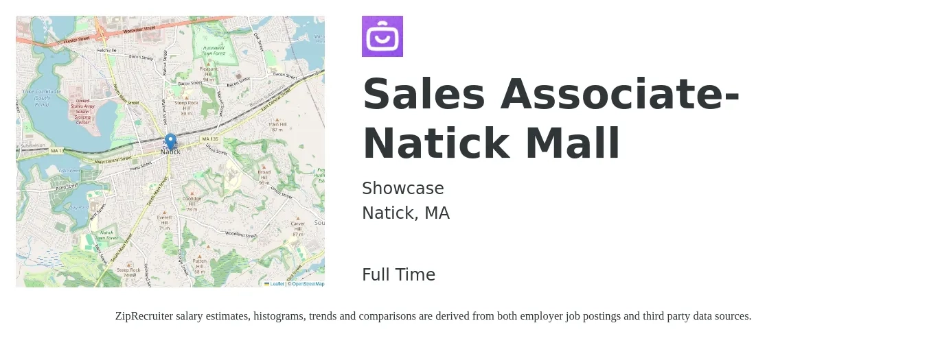 Showcase job posting for a Sales Associate- Natick Mall in Natick, MA with a salary of $16 to $18 Hourly with a map of Natick location.