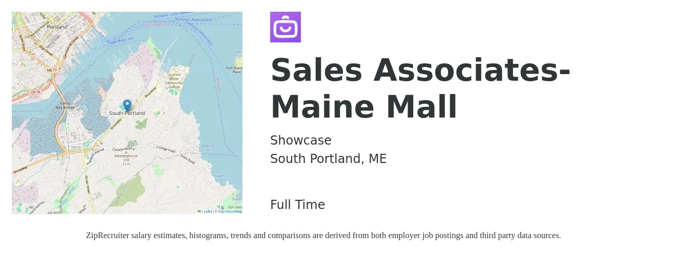 Showcase job posting for a Sales Associates- Maine Mall in South Portland, ME with a salary of $16 to $18 Hourly with a map of South Portland location.