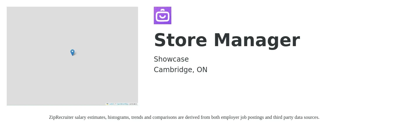 Showcase job posting for a Store Manager in Cambridge, ON with a map of Cambridge location.