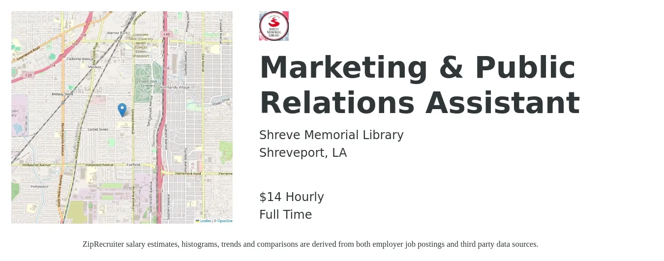 Shreve Memorial Library job posting for a Marketing & Public Relations Assistant in Shreveport, LA with a salary of $15 Hourly with a map of Shreveport location.