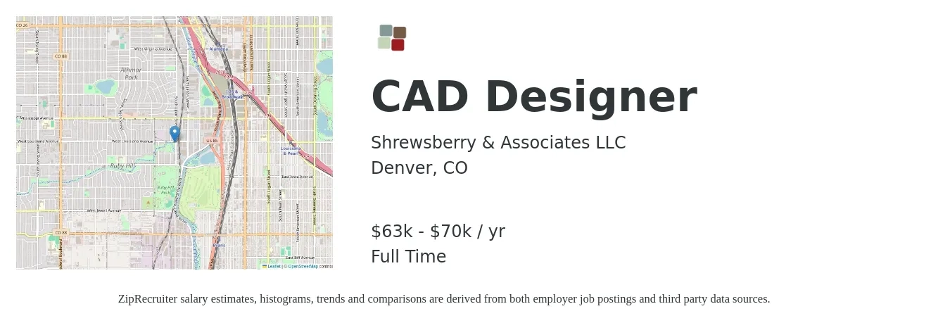 Shrewsberry & Associates LLC job posting for a CAD Designer in Denver, CO with a salary of $63,000 to $70,000 Yearly with a map of Denver location.