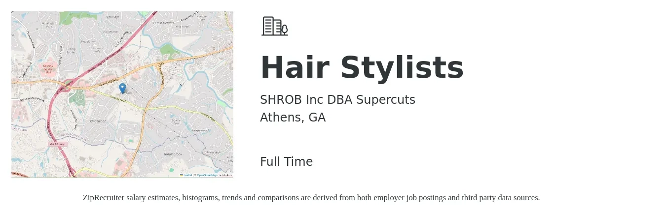 SHROB Inc DBA Supercuts job posting for a Hair Stylists in Athens, GA with a salary of $12 Hourly with a map of Athens location.