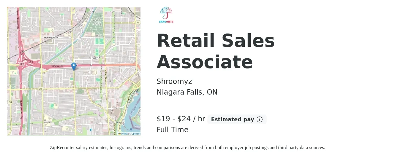 Shroomyz job posting for a Retail Sales Associate in Niagara Falls, ON with a salary of $20 to $25 Hourly with a map of Niagara Falls location.
