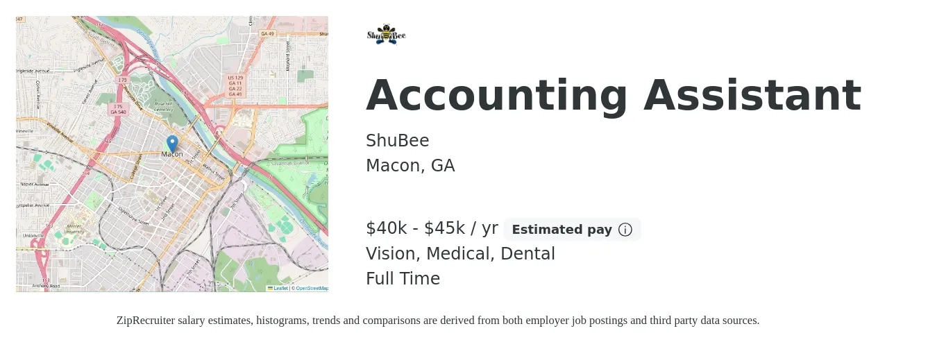 ShuBee job posting for a Accounting Assistant in Macon, GA with a salary of $40,000 to $45,000 Yearly and benefits including medical, retirement, vision, dental, and life_insurance with a map of Macon location.