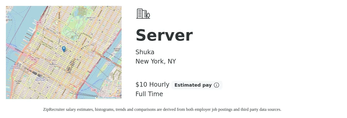 Shuka job posting for a Server in New York, NY with a salary of $11 Hourly with a map of New York location.
