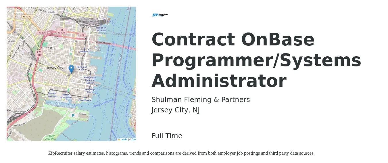 Shulman Fleming & Partners job posting for a Contract OnBase Programmer/Systems Administrator in Jersey City, NJ with a salary of $39 to $68 Hourly with a map of Jersey City location.