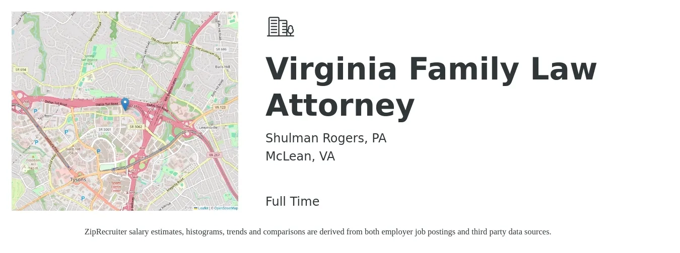 Shulman Rogers, PA job posting for a Virginia Family Law Attorney in McLean, VA with a salary of $78,800 to $123,800 Yearly with a map of McLean location.