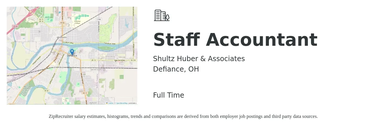 Shultz Huber & Associates job posting for a Staff Accountant in Defiance, OH with a salary of $50,300 to $66,300 Yearly with a map of Defiance location.