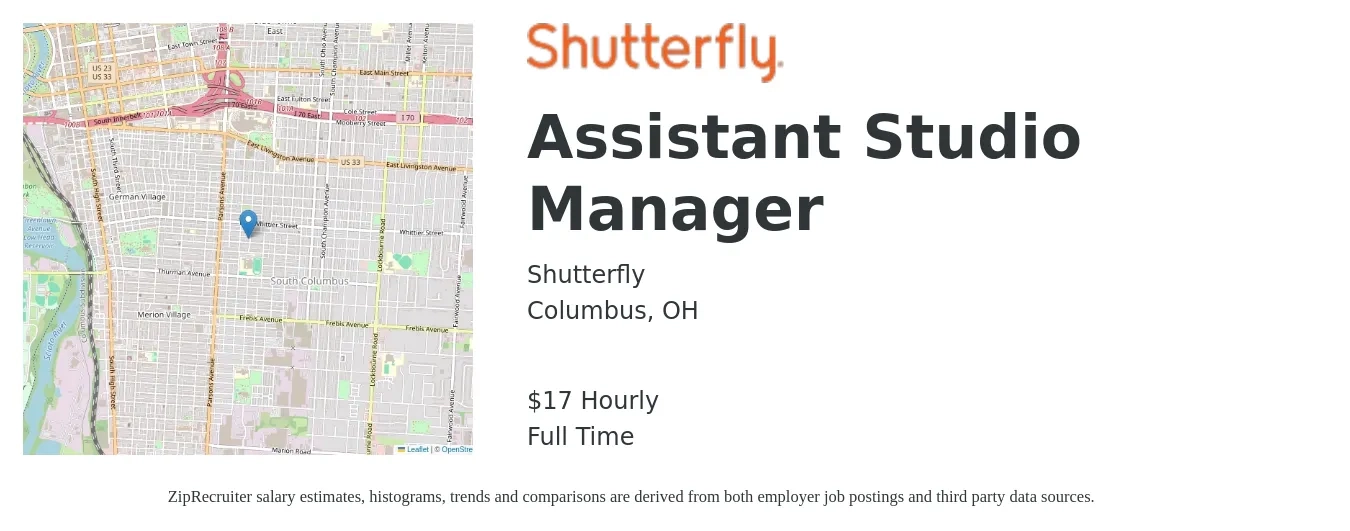 shutterfly job posting for a Assistant Studio Manager in Columbus, OH with a salary of $18 Hourly with a map of Columbus location.