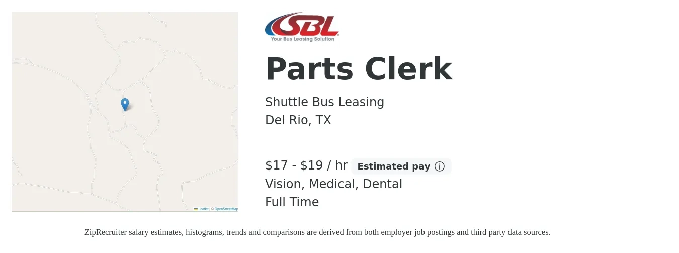 Shuttle Bus Leasing job posting for a Parts Clerk in Del Rio, TX with a salary of $18 to $20 Hourly and benefits including vision, dental, life_insurance, medical, and retirement with a map of Del Rio location.