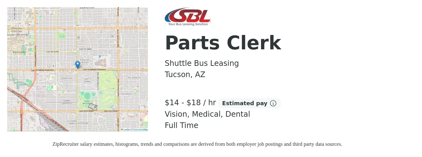 Shuttle Bus Leasing job posting for a Parts Clerk in Tucson, AZ with a salary of $15 to $19 Hourly and benefits including retirement, vision, dental, life_insurance, and medical with a map of Tucson location.