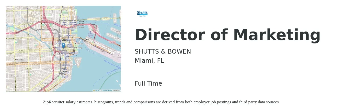 SHUTTS & BOWEN job posting for a Director of Marketing in Miami, FL with a salary of $68,400 to $125,800 Yearly with a map of Miami location.
