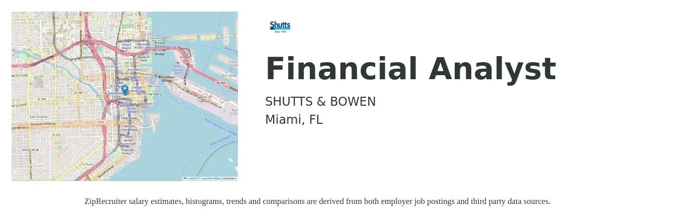 Shutts & Bowen job posting for a Financial Analyst in Miami, FL with a salary of $67,000 to $105,700 Yearly with a map of Miami location.