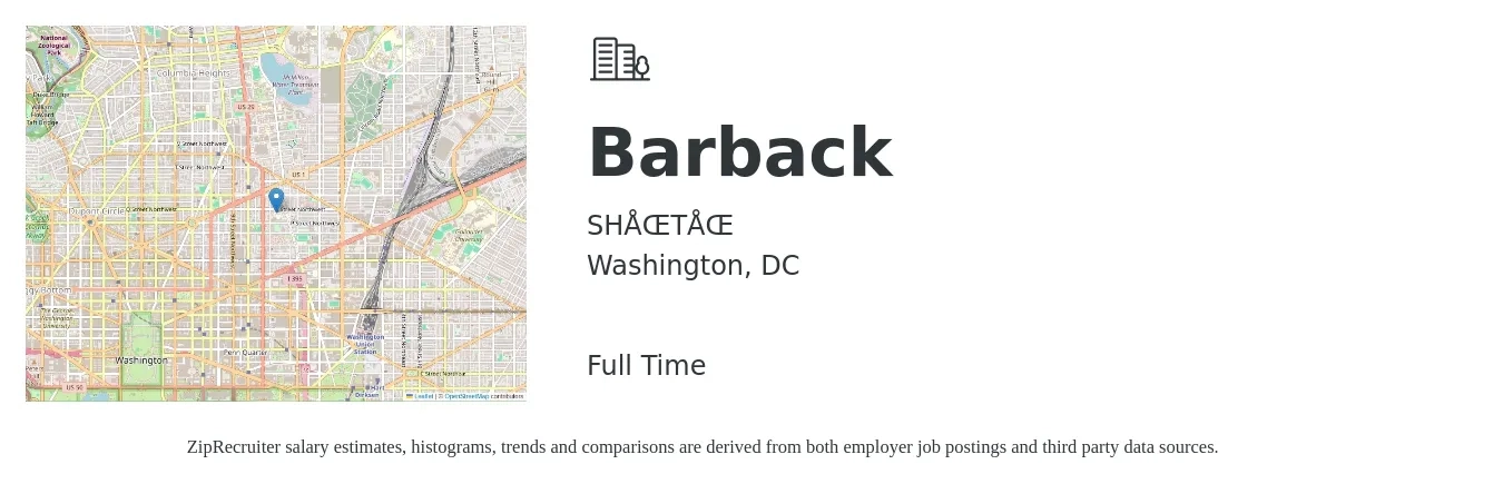 SHŌTŌ job posting for a Barback in Washington, DC with a salary of $11 to $18 Hourly with a map of Washington location.