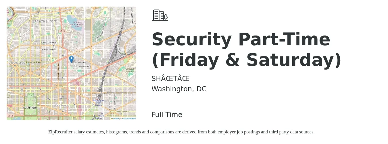 SHŌTŌ job posting for a Security Part-Time (Friday & Saturday) in Washington, DC with a salary of $19 to $23 Hourly with a map of Washington location.