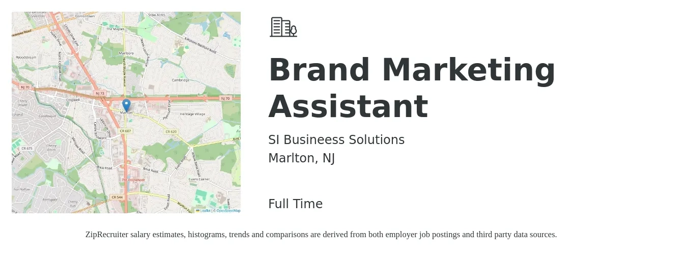 SI Busineess Solutions job posting for a Brand Marketing Assistant in Marlton, NJ with a salary of $50,000 to $60,000 Yearly with a map of Marlton location.