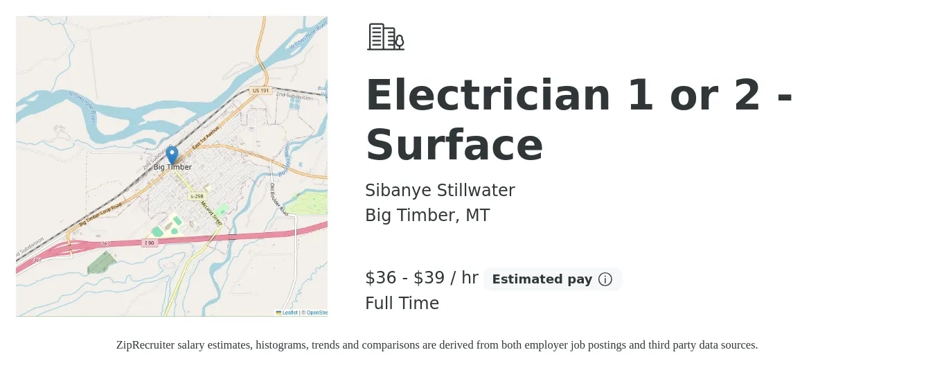 Sibanye Stillwater job posting for a Electrician 1 or 2 - Surface in Big Timber, MT with a salary of $37 to $41 Hourly with a map of Big Timber location.