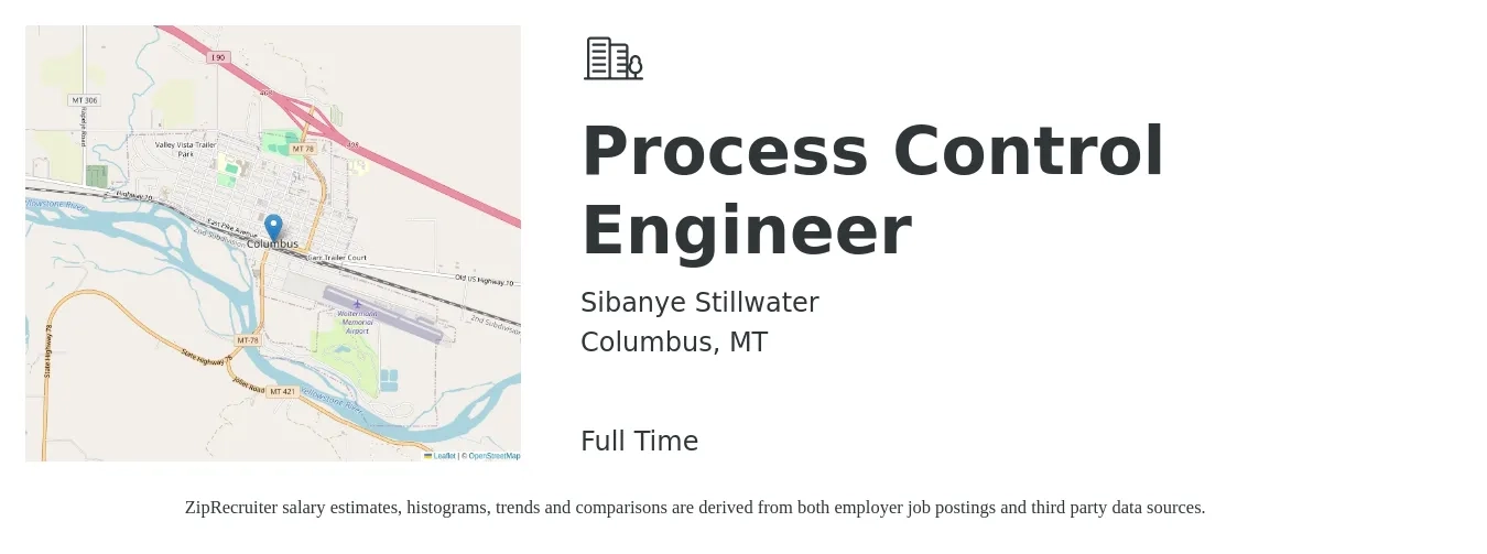 Sibanye Stillwater job posting for a Process Control Engineer in Columbus, MT with a salary of $77,500 to $119,600 Yearly with a map of Columbus location.