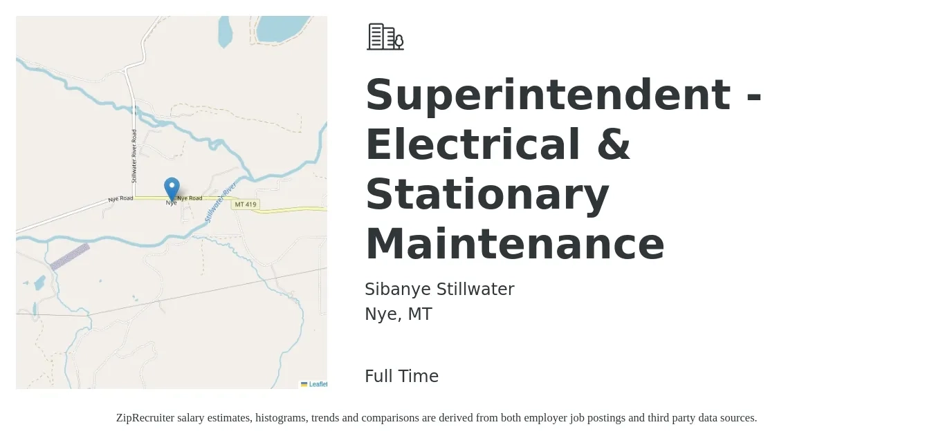 Sibanye Stillwater job posting for a Superintendent - Electrical & Stationary Maintenance in Nye, MT with a salary of $62,500 to $103,200 Yearly with a map of Nye location.