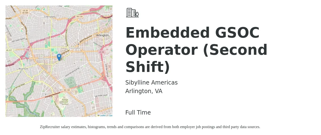 Sibylline Americas job posting for a Embedded GSOC Operator Second Shift in Arlington, VA with a salary of $26 to $28 Hourly with a map of Arlington location.