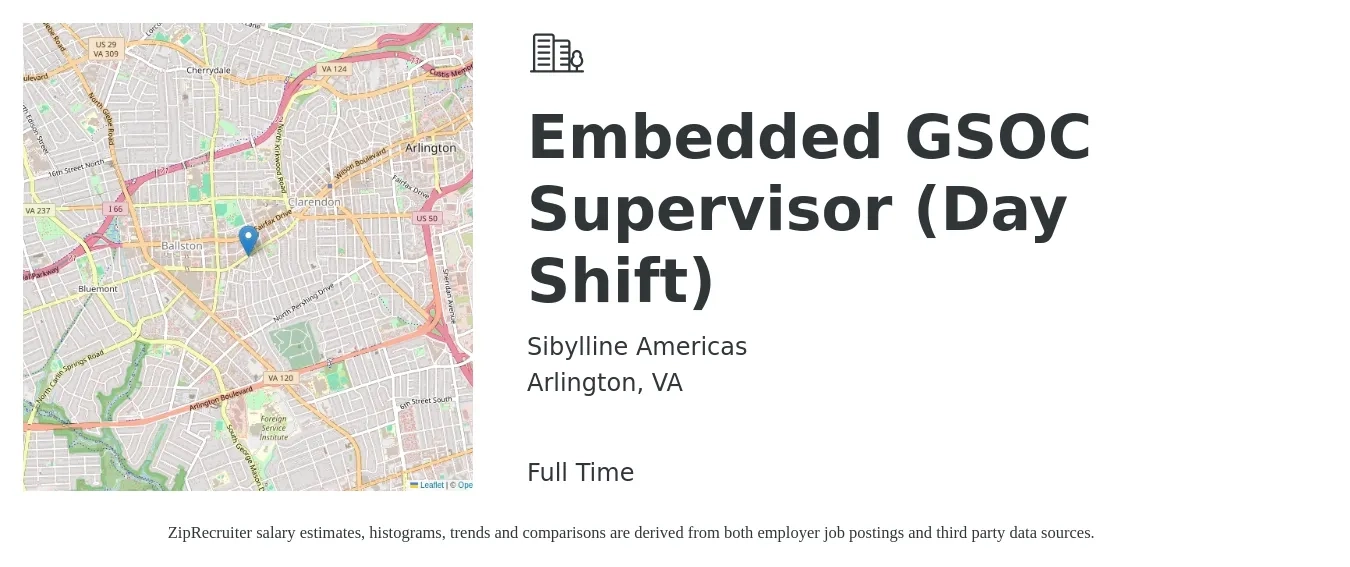 Sibylline Americas job posting for a Embedded GSOC Supervisor (Day Shift) in Arlington, VA with a map of Arlington location.