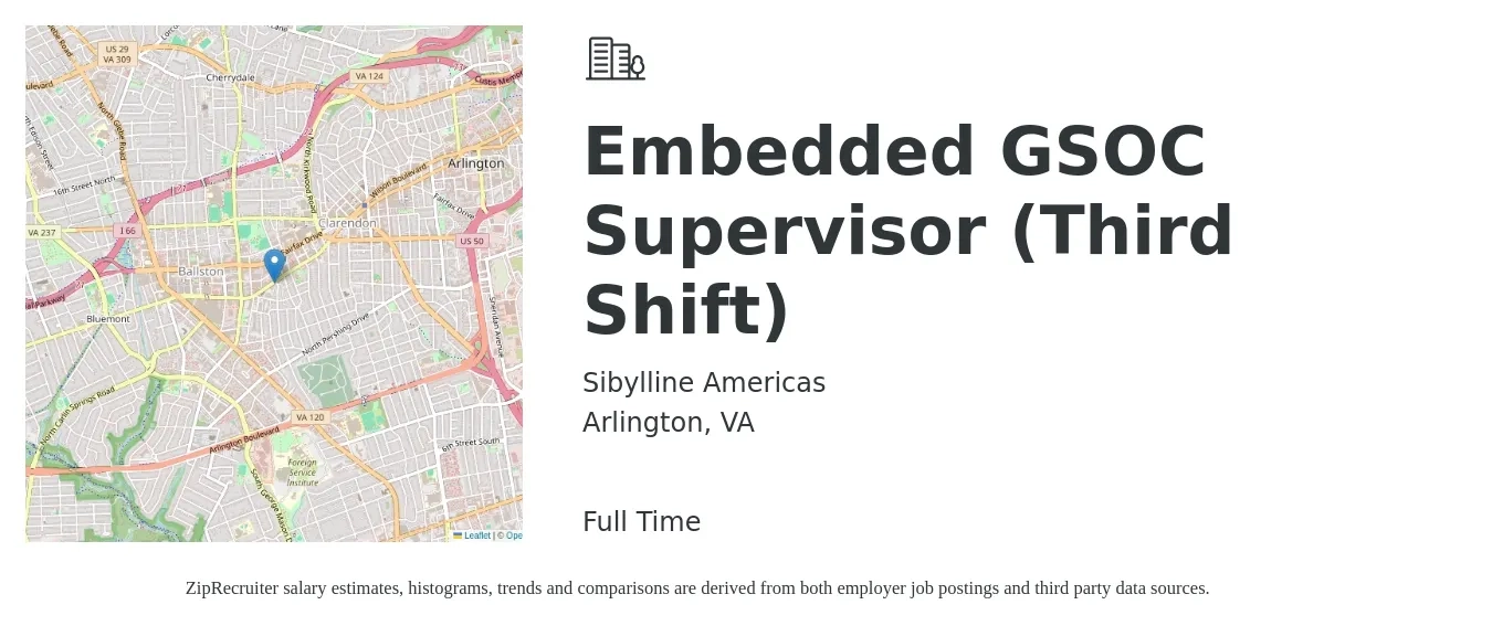 Sibylline Americas job posting for a Embedded GSOC Supervisor (Third Shift) in Arlington, VA with a map of Arlington location.